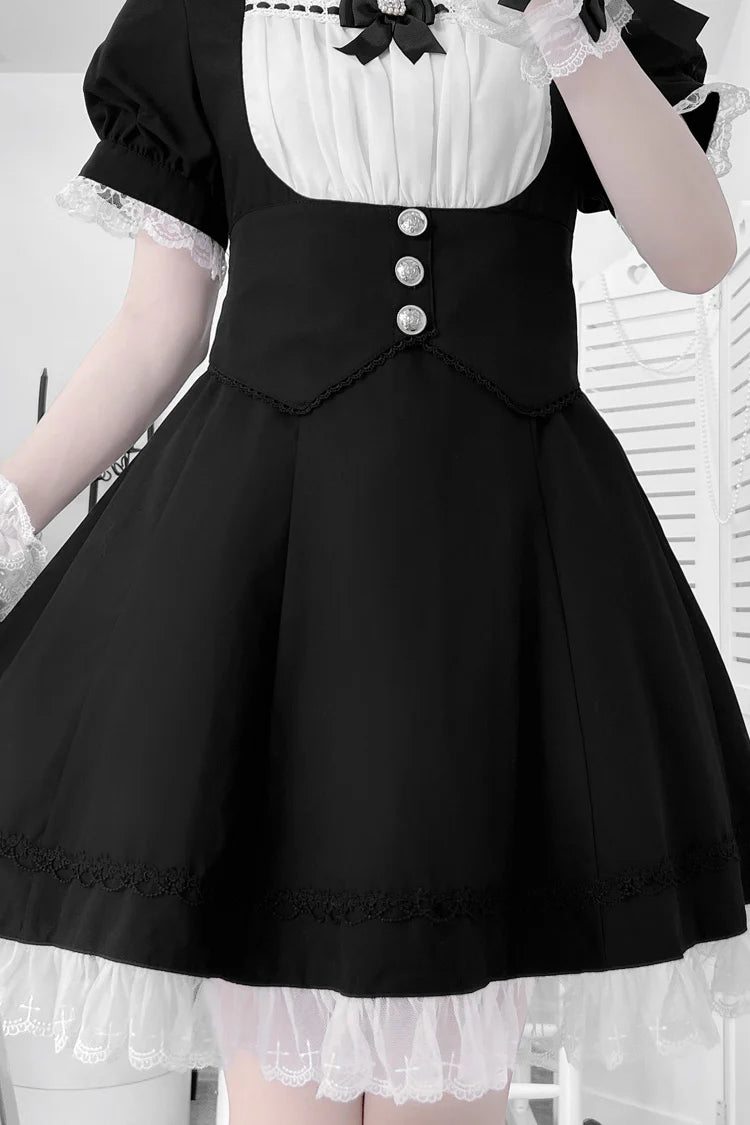 [Pre] Maid Outfit Black White Puff Sleeves Ruffle Ribbon Cross Belt Elegant Sweet Japanese Lolita Dress Set