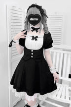 [Pre] Maid Outfit Black White Puff Sleeves Ruffle Ribbon Cross Belt Elegant Sweet Japanese Lolita Dress Set