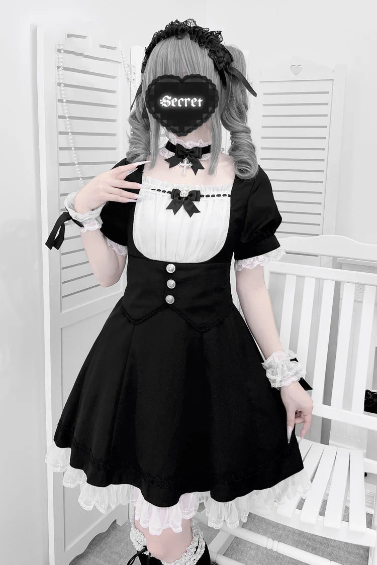 [Pre] Maid Outfit Black White Puff Sleeves Ruffle Ribbon Cross Belt Elegant Sweet Japanese Lolita Dress Set