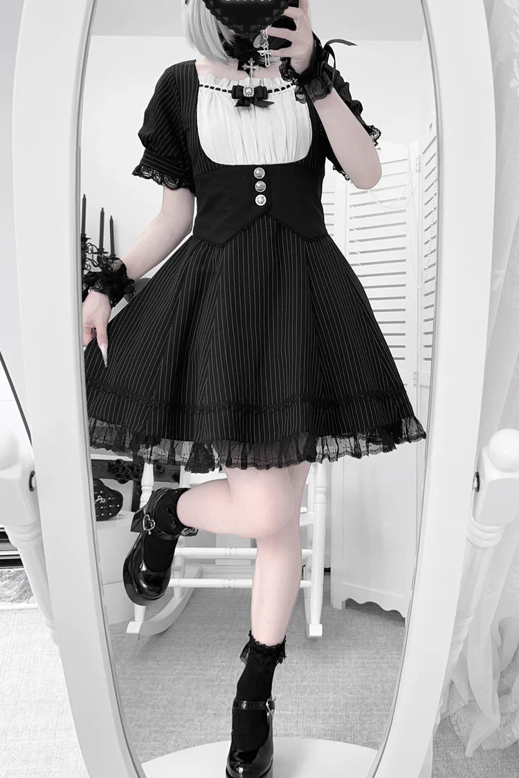 Design Concept:


Step into charming elegance with this Maid Outfit Black White Short Sleeves Striped Print Lolita Dress Set. Featuring a delicate striped pattern throughout, the design is adorned with playful ruffles, dainty ribbon bows, and a flattering cross-belt waist detail that enhances the silhouette. The classic black and white color combination highlights the refined maid-inspired style, while the striped accents add a lively and youthful touch. Perfect for cosplay, themed parties, or Lolita fashio