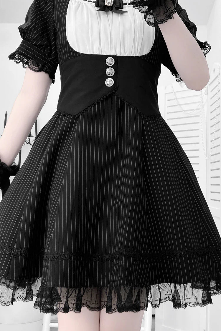 Design Concept:


Step into charming elegance with this Maid Outfit Black White Short Sleeves Striped Print Lolita Dress Set. Featuring a delicate striped pattern throughout, the design is adorned with playful ruffles, dainty ribbon bows, and a flattering cross-belt waist detail that enhances the silhouette. The classic black and white color combination highlights the refined maid-inspired style, while the striped accents add a lively and youthful touch. Perfect for cosplay, themed parties, or Lolita fashio