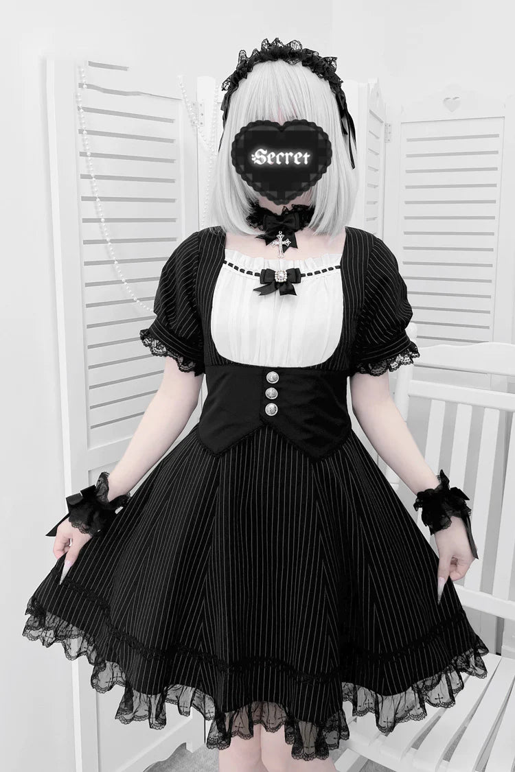 Design Concept:


Step into charming elegance with this Maid Outfit Black White Short Sleeves Striped Print Lolita Dress Set. Featuring a delicate striped pattern throughout, the design is adorned with playful ruffles, dainty ribbon bows, and a flattering cross-belt waist detail that enhances the silhouette. The classic black and white color combination highlights the refined maid-inspired style, while the striped accents add a lively and youthful touch. Perfect for cosplay, themed parties, or Lolita fashio