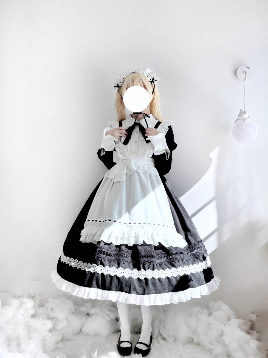 Design Concept:
This Lolita maid dress combines classic black and white tones with a charming soft Lolita aesthetic. Designed with both long and short sleeve options, the dress balances elegance and playfulness, making it perfect for daily wear, casual outings, or themed events. The fitted bodice and flared skirt create a flattering silhouette, while the delicate details capture the essence of traditional maid style in a wearable, modern Lolita fashion.