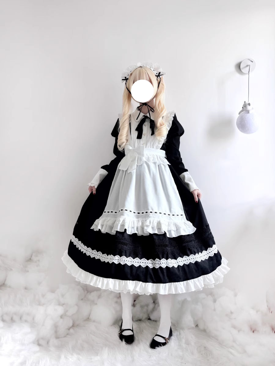 Design Concept:
This Lolita maid dress combines classic black and white tones with a charming soft Lolita aesthetic. Designed with both long and short sleeve options, the dress balances elegance and playfulness, making it perfect for daily wear, casual outings, or themed events. The fitted bodice and flared skirt create a flattering silhouette, while the delicate details capture the essence of traditional maid style in a wearable, modern Lolita fashion.