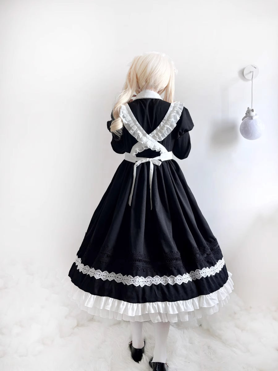Design Concept:
This Lolita maid dress combines classic black and white tones with a charming soft Lolita aesthetic. Designed with both long and short sleeve options, the dress balances elegance and playfulness, making it perfect for daily wear, casual outings, or themed events. The fitted bodice and flared skirt create a flattering silhouette, while the delicate details capture the essence of traditional maid style in a wearable, modern Lolita fashion.