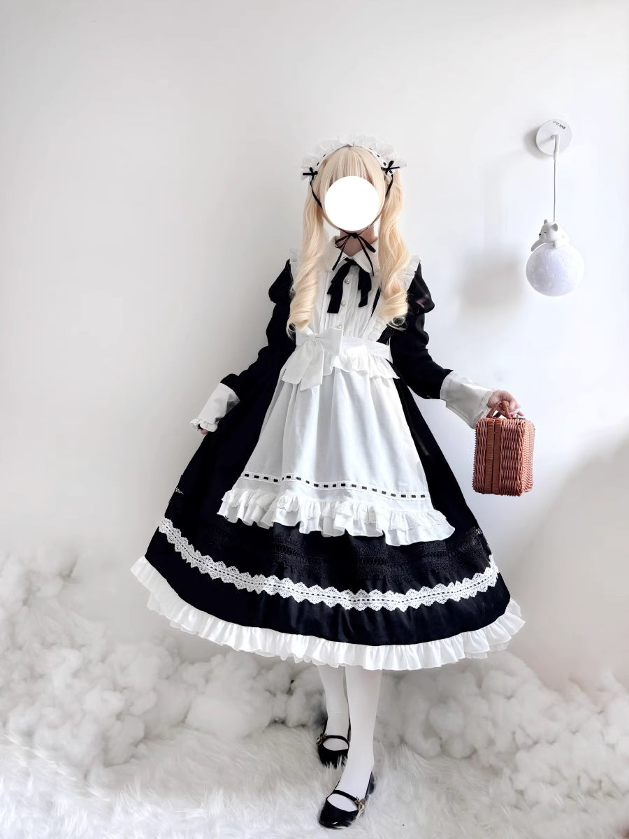 Design Concept:
This Lolita maid dress combines classic black and white tones with a charming soft Lolita aesthetic. Designed with both long and short sleeve options, the dress balances elegance and playfulness, making it perfect for daily wear, casual outings, or themed events. The fitted bodice and flared skirt create a flattering silhouette, while the delicate details capture the essence of traditional maid style in a wearable, modern Lolita fashion.