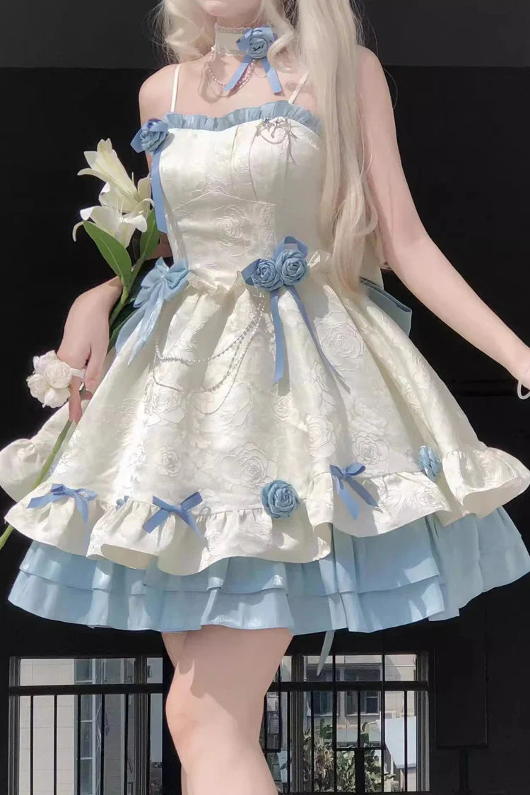 Design Concept:

This Sweet Lolita JSK dress in apricot and blue features a floral pattern with delicate frill accents and charming ribbon details. The layered ruffles create a playful yet elegant silhouette, perfectly capturing the princess-inspired Lolita aesthetic. Ideal for cosplay, special occasions, or daily Lolita styling, this dress combines whimsical charm with feminine sophistication.