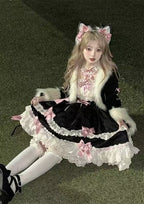 Design Concept:

This Sweet Lolita black and pink Christmas outfit combines festive charm with a cute and elegant Lolita style, featuring delicate lace and bow details for a dreamy holiday look. Product Details: The set includes a coat, a dress, a trailing tail, and a necklace, creating a coordinated ensemble perfect for Christmas events, cosplay, or special occasions.