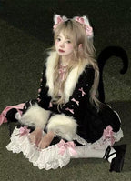 Design Concept:

This Sweet Lolita black and pink Christmas outfit combines festive charm with a cute and elegant Lolita style, featuring delicate lace and bow details for a dreamy holiday look. Product Details: The set includes a coat, a dress, a trailing tail, and a necklace, creating a coordinated ensemble perfect for Christmas events, cosplay, or special occasions.