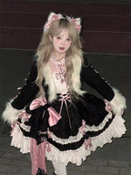 Design Concept:

This Sweet Lolita black and pink Christmas outfit combines festive charm with a cute and elegant Lolita style, featuring delicate lace and bow details for a dreamy holiday look. Product Details: The set includes a coat, a dress, a trailing tail, and a necklace, creating a coordinated ensemble perfect for Christmas events, cosplay, or special occasions.