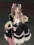 Design Concept:

This Sweet Lolita black and pink Christmas outfit combines festive charm with a cute and elegant Lolita style, featuring delicate lace and bow details for a dreamy holiday look. Product Details: The set includes a coat, a dress, a trailing tail, and a necklace, creating a coordinated ensemble perfect for Christmas events, cosplay, or special occasions.