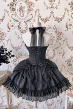 This Sweet Lolita dress in soft pink features a strapless, sleeveless design adorned with a charming bow and delicate frill detailing. The layered skirt adds volume and a playful, sweet aesthetic, creating a feminine Lolita silhouette. Perfect for daily wear, cosplay, or special occasions, this dress combines whimsical charm with elegant style.