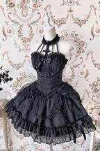This Sweet Lolita dress in soft pink features a strapless, sleeveless design adorned with a charming bow and delicate frill detailing. The layered skirt adds volume and a playful, sweet aesthetic, creating a feminine Lolita silhouette. Perfect for daily wear, cosplay, or special occasions, this dress combines whimsical charm with elegant style.