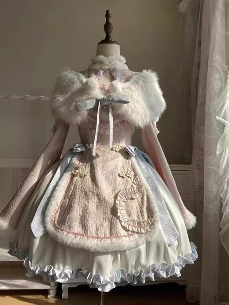 Design Concept:

This Sweet Lolita blue and pink Chinese style dress set blends festive charm with delicate Lolita elegance, creating a harmonious look perfect for Christmas, New Year, or special occasions. The combination of soft blue and pink tones brings a dreamy and playful atmosphere, while the traditional Chinese style details add a unique cultural touch. Product Details: The set includes a beautifully designed cape and a matching dress. The cape adds layers of elegance and warmth, while the dress off