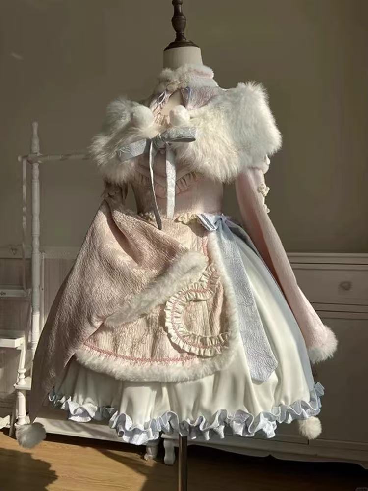 Design Concept:

This Sweet Lolita blue and pink Chinese style dress set blends festive charm with delicate Lolita elegance, creating a harmonious look perfect for Christmas, New Year, or special occasions. The combination of soft blue and pink tones brings a dreamy and playful atmosphere, while the traditional Chinese style details add a unique cultural touch. Product Details: The set includes a beautifully designed cape and a matching dress. The cape adds layers of elegance and warmth, while the dress off
