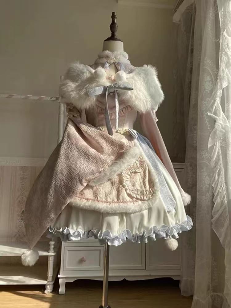 Design Concept:

This Sweet Lolita blue and pink Chinese style dress set blends festive charm with delicate Lolita elegance, creating a harmonious look perfect for Christmas, New Year, or special occasions. The combination of soft blue and pink tones brings a dreamy and playful atmosphere, while the traditional Chinese style details add a unique cultural touch. Product Details: The set includes a beautifully designed cape and a matching dress. The cape adds layers of elegance and warmth, while the dress off