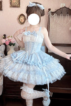 Design Concept:


Step into a whimsical ballet-inspired look with this Sweet Lolita blue JSK dress. Featuring a sleeveless design, three layers of ruffles, delicate lace trim, and charming bow accents, it exudes elegance and sweetness. The lace-up detailing adds a touch of refined structure, while the flowing silhouette creates a graceful, princess-like effect. Perfect for tea parties, photoshoots, or themed gatherings, this dress combines comfort with enchanting design, making it a standout piece in any Lo