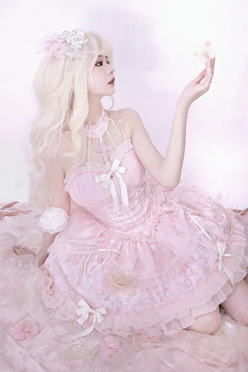 Design Concept:

This Sweet Lolita dress in soft pink features a strapless, sleeveless design with delicate ribbon and frill accents. The layered skirt adds dimension and a playful, sweet aesthetic, creating a charming Lolita silhouette. Perfect for daily wear, cosplay, or special occasions, this dress combines feminine elegance with whimsical style.