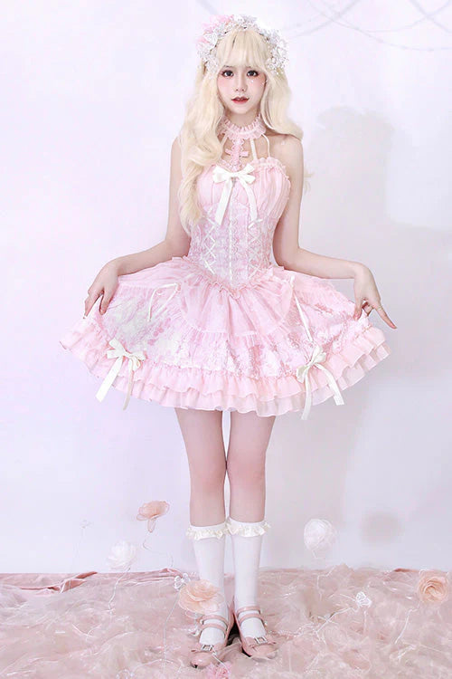 Design Concept:

This Sweet Lolita dress in soft pink features a strapless, sleeveless design with delicate ribbon and frill accents. The layered skirt adds dimension and a playful, sweet aesthetic, creating a charming Lolita silhouette. Perfect for daily wear, cosplay, or special occasions, this dress combines feminine elegance with whimsical style.