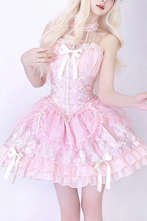 Design Concept:

This Sweet Lolita dress in soft pink features a strapless, sleeveless design with delicate ribbon and frill accents. The layered skirt adds dimension and a playful, sweet aesthetic, creating a charming Lolita silhouette. Perfect for daily wear, cosplay, or special occasions, this dress combines feminine elegance with whimsical style.