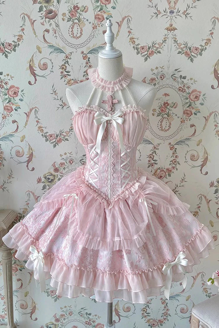 Design Concept:

This Sweet Lolita dress in soft pink features a strapless, sleeveless design with delicate ribbon and frill accents. The layered skirt adds dimension and a playful, sweet aesthetic, creating a charming Lolita silhouette. Perfect for daily wear, cosplay, or special occasions, this dress combines feminine elegance with whimsical style.