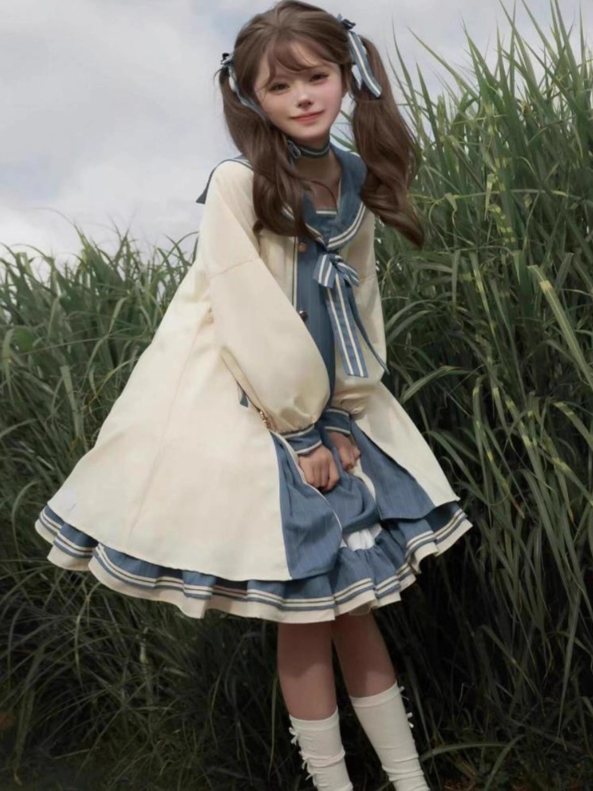 Design Concept:
This Sweet Lolita dress in charming blue is designed with a romantic sailor collar and delicate bow accents, creating a youthful and elegant look. The long sleeves provide a soft, flowing silhouette, while the loose princess-style cut offers both comfort and grace. With its dreamy layered skirt, this gown evokes a fairytale-like charm that perfectly suits daily wear, festive gatherings, or tea parties.