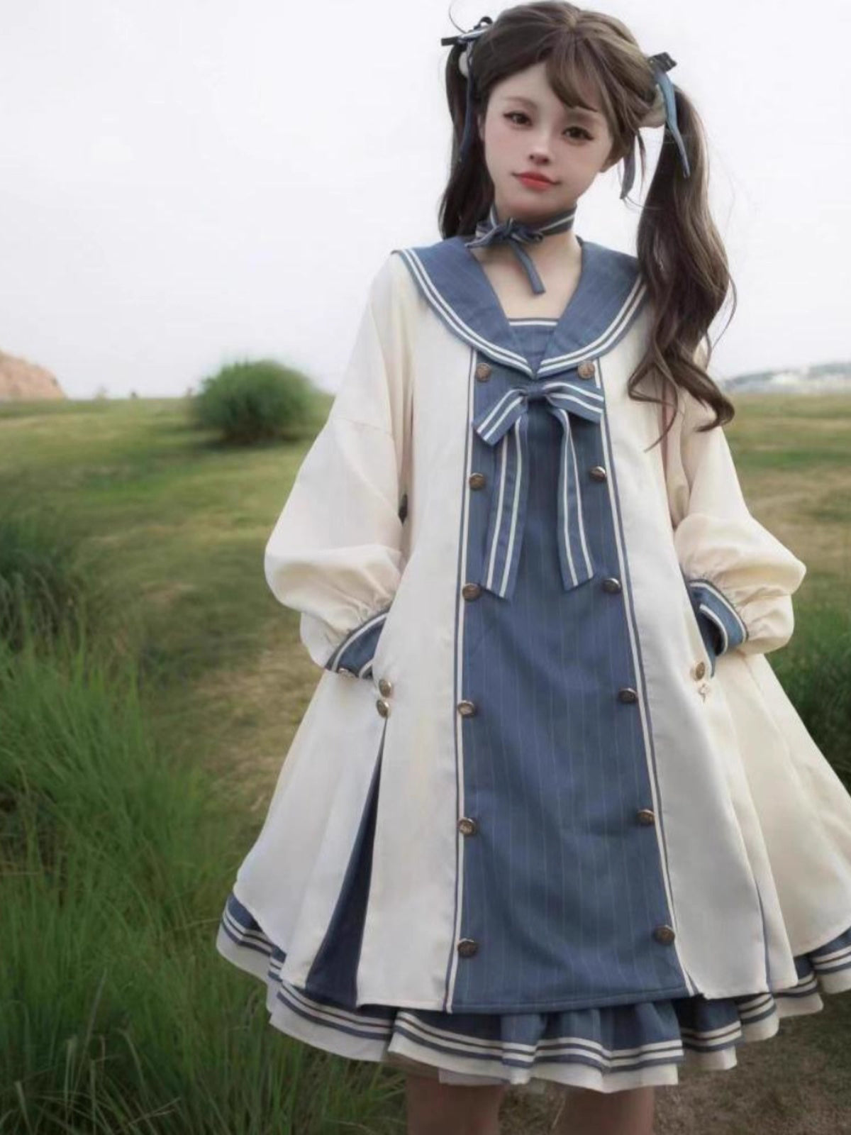Design Concept:
This Sweet Lolita dress in charming blue is designed with a romantic sailor collar and delicate bow accents, creating a youthful and elegant look. The long sleeves provide a soft, flowing silhouette, while the loose princess-style cut offers both comfort and grace. With its dreamy layered skirt, this gown evokes a fairytale-like charm that perfectly suits daily wear, festive gatherings, or tea parties.