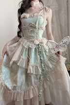Design Concept:

This Sweet Lolita long JSK set combines elegant Chinese-inspired aesthetics with ballet Lolita charm. Crafted in a soft green jacquard fabric, the sleeveless design highlights the shoulders while the frilled trims and delicate bow lace details add a feminine and sweet touch. The asymmetric hemline creates a dynamic silhouette, enhancing the whimsical and graceful feel of the dress. Perfect for tea parties, cosplay, or Lolita gatherings, this long version set brings together traditional moti
