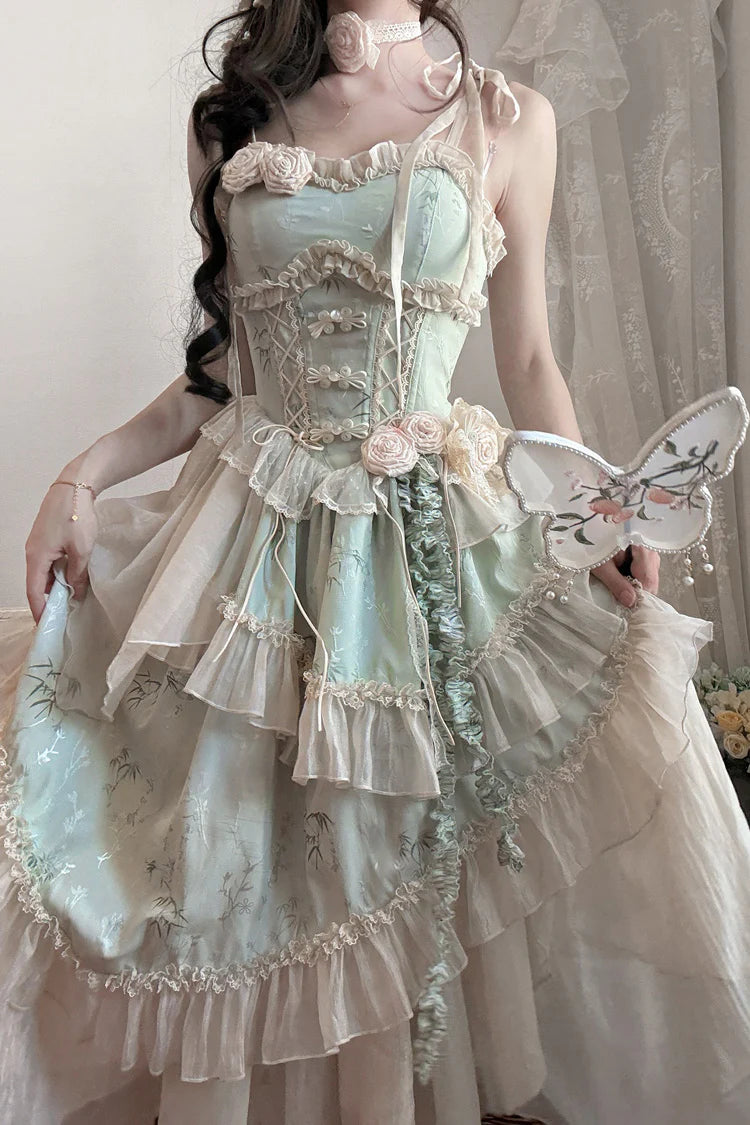 Design Concept:

This Sweet Lolita long JSK set combines elegant Chinese-inspired aesthetics with ballet Lolita charm. Crafted in a soft green jacquard fabric, the sleeveless design highlights the shoulders while the frilled trims and delicate bow lace details add a feminine and sweet touch. The asymmetric hemline creates a dynamic silhouette, enhancing the whimsical and graceful feel of the dress. Perfect for tea parties, cosplay, or Lolita gatherings, this long version set brings together traditional moti