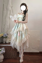Design Concept:

This Sweet Lolita long JSK set combines elegant Chinese-inspired aesthetics with ballet Lolita charm. Crafted in a soft green jacquard fabric, the sleeveless design highlights the shoulders while the frilled trims and delicate bow lace details add a feminine and sweet touch. The asymmetric hemline creates a dynamic silhouette, enhancing the whimsical and graceful feel of the dress. Perfect for tea parties, cosplay, or Lolita gatherings, this long version set brings together traditional moti