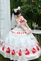 Design Concept:

This Sweet Lolita outfit set in white features a floral pattern with an elegant off-shoulder sleeveless design. Adorned with frill details and delicate ribbon lace, the set creates a graceful princess-inspired silhouette. Perfect for tea parties, special occasions, or daily Lolita styling, this ensemble blends sweetness with refined charm.