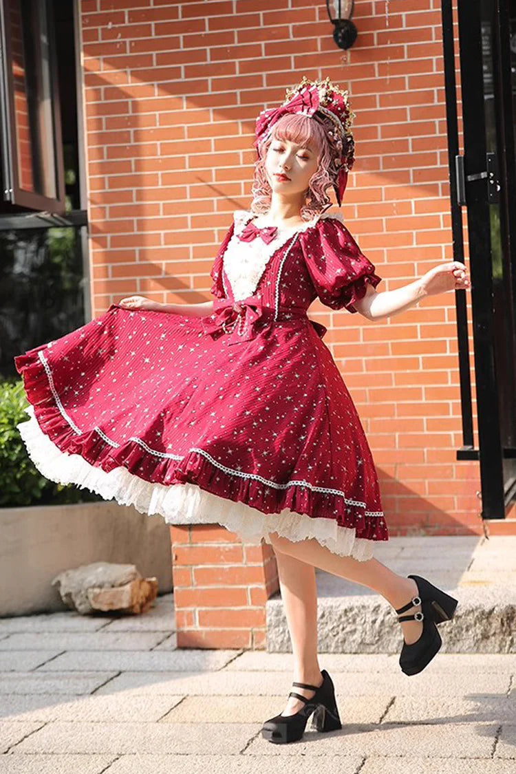 Design Concept:

This Sweet Lolita OP dress captures the dreamy essence of a midsummer galaxy night sky. Featuring a sparkling star pattern, it shimmers with celestial charm while maintaining a soft and sweet Lolita aesthetic. The short sleeves, delicate ruffles, and bow accents add playful elegance, creating a balanced design that feels both youthful and refined. With its flowing silhouette and detailed craftsmanship, this dress is perfect for tea parties, themed gatherings, or any special occasion where y