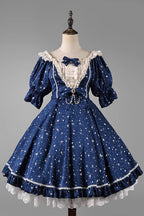 Design Concept:

This Sweet Lolita OP dress captures the dreamy essence of a midsummer galaxy night sky. Featuring a sparkling star pattern, it shimmers with celestial charm while maintaining a soft and sweet Lolita aesthetic. The short sleeves, delicate ruffles, and bow accents add playful elegance, creating a balanced design that feels both youthful and refined. With its flowing silhouette and detailed craftsmanship, this dress is perfect for tea parties, themed gatherings, or any special occasion where y