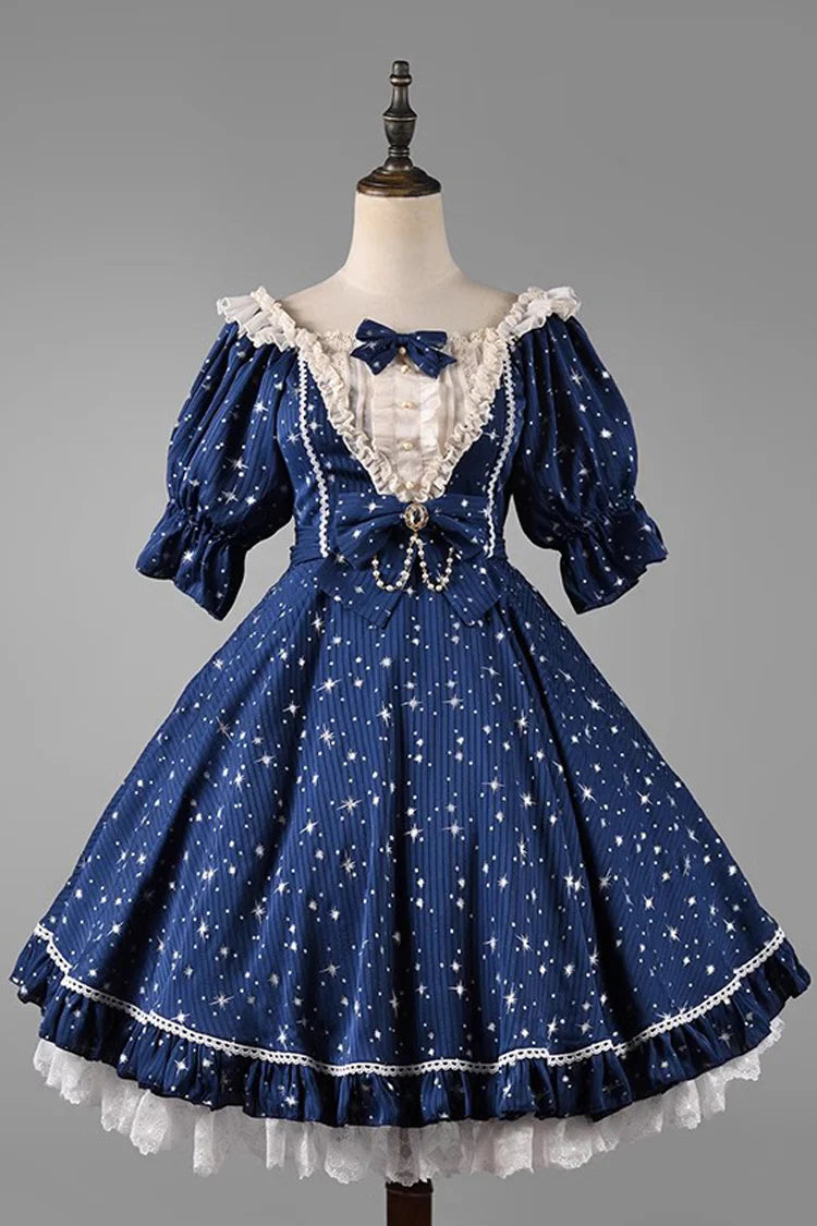 Design Concept:

This Sweet Lolita OP dress captures the dreamy essence of a midsummer galaxy night sky. Featuring a sparkling star pattern, it shimmers with celestial charm while maintaining a soft and sweet Lolita aesthetic. The short sleeves, delicate ruffles, and bow accents add playful elegance, creating a balanced design that feels both youthful and refined. With its flowing silhouette and detailed craftsmanship, this dress is perfect for tea parties, themed gatherings, or any special occasion where y