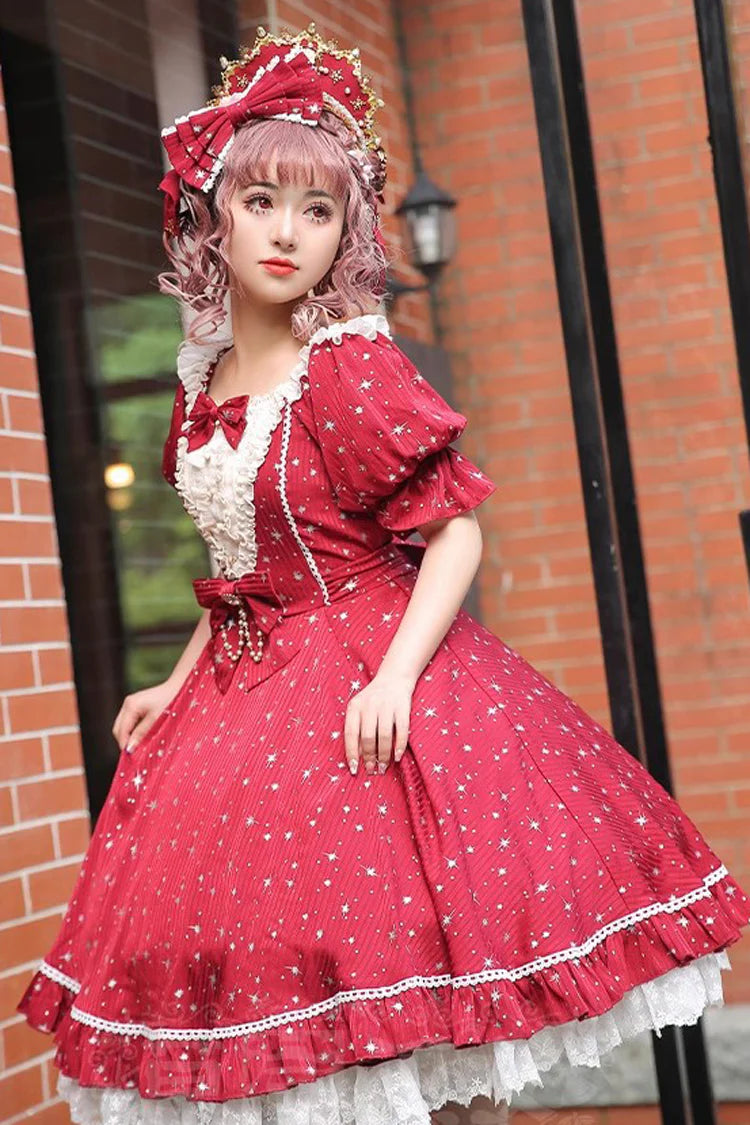 Design Concept:

This Sweet Lolita OP dress captures the dreamy essence of a midsummer galaxy night sky. Featuring a sparkling star pattern, it shimmers with celestial charm while maintaining a soft and sweet Lolita aesthetic. The short sleeves, delicate ruffles, and bow accents add playful elegance, creating a balanced design that feels both youthful and refined. With its flowing silhouette and detailed craftsmanship, this dress is perfect for tea parties, themed gatherings, or any special occasion where y