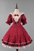Design Concept:

This Sweet Lolita OP dress captures the dreamy essence of a midsummer galaxy night sky. Featuring a sparkling star pattern, it shimmers with celestial charm while maintaining a soft and sweet Lolita aesthetic. The short sleeves, delicate ruffles, and bow accents add playful elegance, creating a balanced design that feels both youthful and refined. With its flowing silhouette and detailed craftsmanship, this dress is perfect for tea parties, themed gatherings, or any special occasion where y