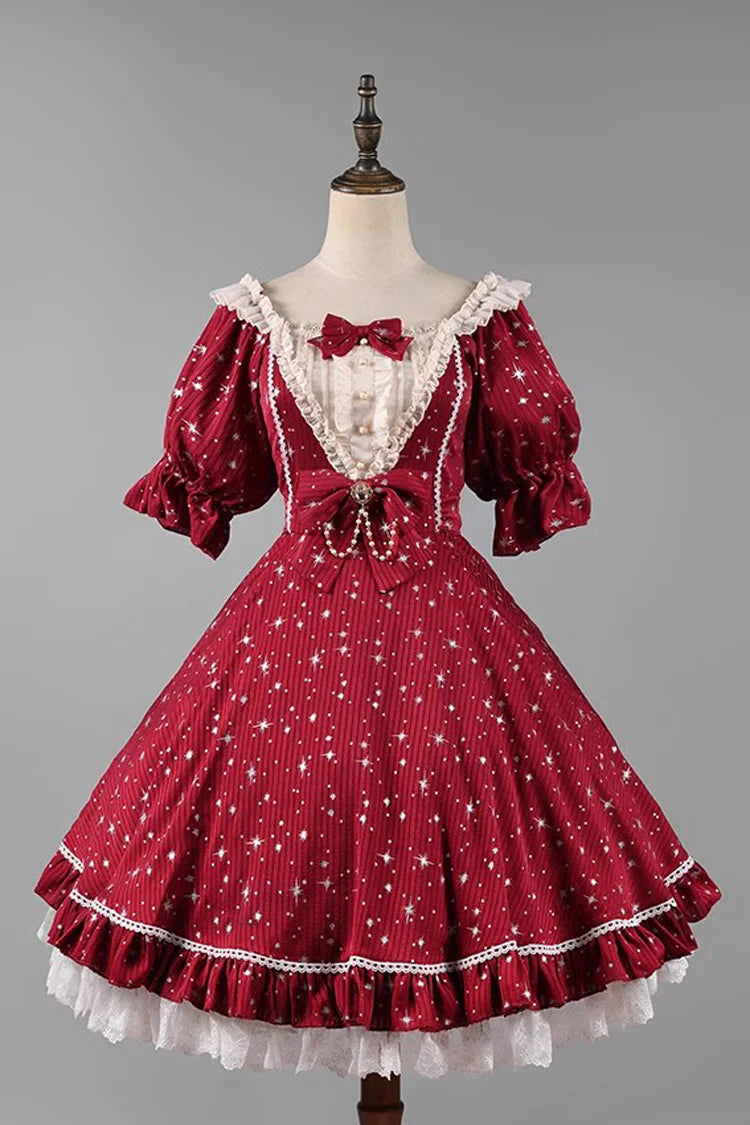 Design Concept:

This Sweet Lolita OP dress captures the dreamy essence of a midsummer galaxy night sky. Featuring a sparkling star pattern, it shimmers with celestial charm while maintaining a soft and sweet Lolita aesthetic. The short sleeves, delicate ruffles, and bow accents add playful elegance, creating a balanced design that feels both youthful and refined. With its flowing silhouette and detailed craftsmanship, this dress is perfect for tea parties, themed gatherings, or any special occasion where y