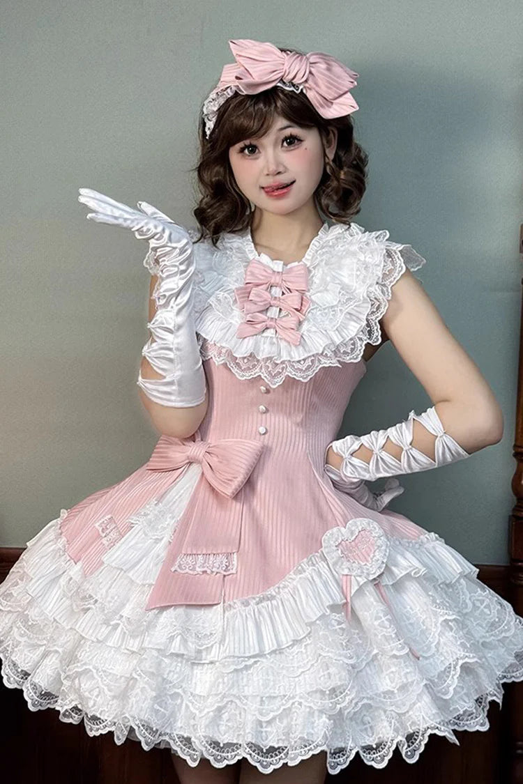 Design Concept:

This Sweet Lolita dress in soft pink features a sleeveless design with layered frills, delicate ribbon accents, and lace detailing. The asymmetric hem adds a playful and elegant touch, creating a charming princess-inspired silhouette. Perfect for cosplay, special occasions, or completing a sweet Lolita wardrobe, this dress combines a feminine aesthetic with whimsical style.