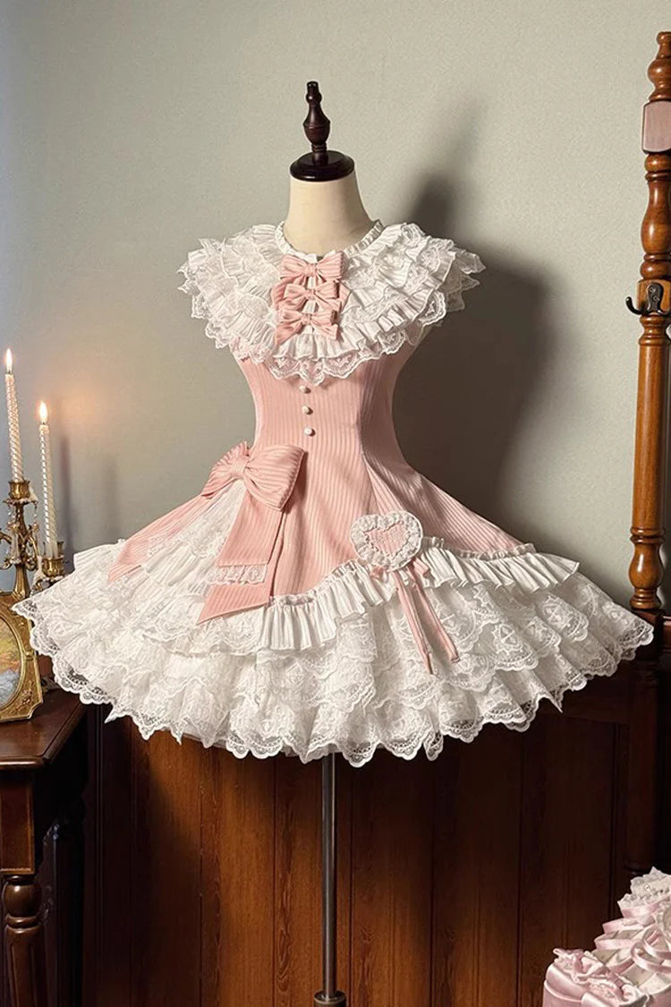 Design Concept:

This Sweet Lolita dress in soft pink features a sleeveless design with layered frills, delicate ribbon accents, and lace detailing. The asymmetric hem adds a playful and elegant touch, creating a charming princess-inspired silhouette. Perfect for cosplay, special occasions, or completing a sweet Lolita wardrobe, this dress combines a feminine aesthetic with whimsical style.