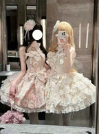 [Pre] Sweet Lolita Pink Sleeveless Ruffle Bow Lace Asymmetrical Sweet Elegant Jsk Dress