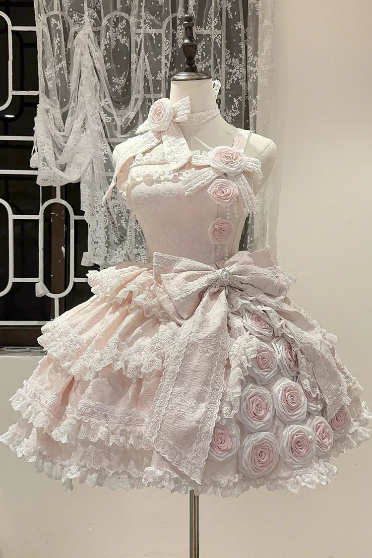 [Pre] Sweet Lolita Pink Sleeveless Ruffle Bow Lace Asymmetrical Sweet Elegant Jsk Dress