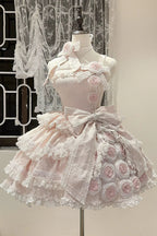 [Pre] Sweet Lolita Pink Sleeveless Ruffle Bow Lace Asymmetrical Sweet Elegant Jsk Dress