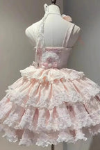[Pre] Sweet Lolita Pink Sleeveless Ruffle Bow Lace Asymmetrical Sweet Elegant Jsk Dress