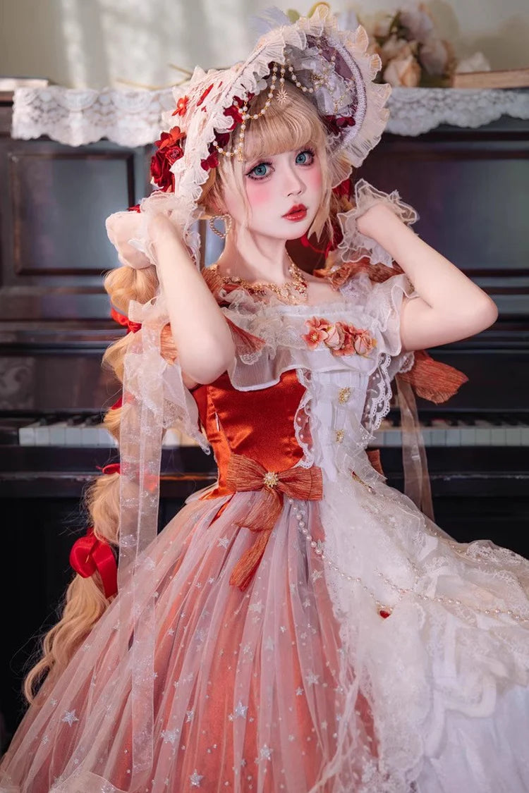 Design Concept:

This Sweet Lolita dress captures the elegance and romance of a bridal-inspired design in a striking red tone. The off-shoulder neckline is adorned with delicate frills, while lace and bow details add a feminine, princess-like charm. Its flowing silhouette brings together sweetness and elegance, making it an eye-catching piece for Lolita gatherings, tea parties, or themed occasions. The combination of bold red, ruffled accents, and bridal-inspired embellishments ensures a dreamy yet regal pr