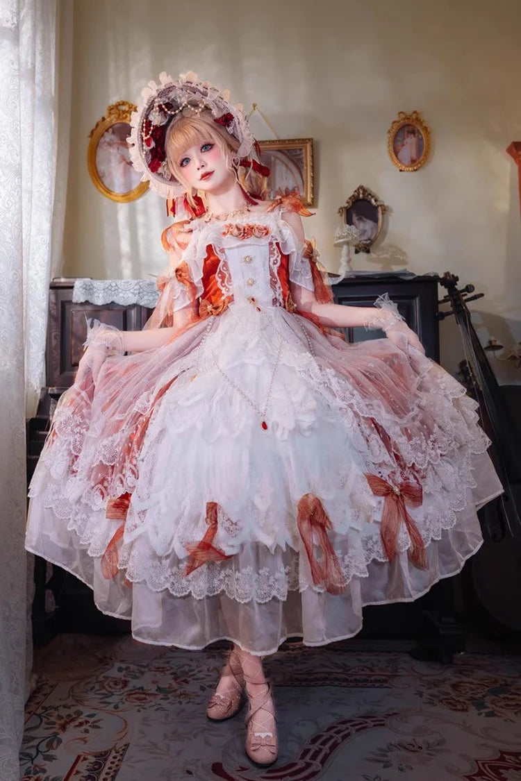 Design Concept:

This Sweet Lolita dress captures the elegance and romance of a bridal-inspired design in a striking red tone. The off-shoulder neckline is adorned with delicate frills, while lace and bow details add a feminine, princess-like charm. Its flowing silhouette brings together sweetness and elegance, making it an eye-catching piece for Lolita gatherings, tea parties, or themed occasions. The combination of bold red, ruffled accents, and bridal-inspired embellishments ensures a dreamy yet regal pr