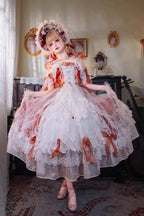 Design Concept:

This Sweet Lolita dress captures the elegance and romance of a bridal-inspired design in a striking red tone. The off-shoulder neckline is adorned with delicate frills, while lace and bow details add a feminine, princess-like charm. Its flowing silhouette brings together sweetness and elegance, making it an eye-catching piece for Lolita gatherings, tea parties, or themed occasions. The combination of bold red, ruffled accents, and bridal-inspired embellishments ensures a dreamy yet regal pr