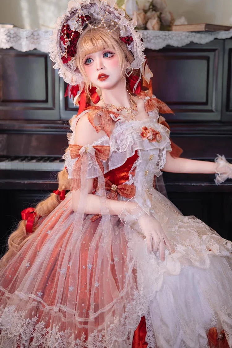 Design Concept:

This Sweet Lolita dress captures the elegance and romance of a bridal-inspired design in a striking red tone. The off-shoulder neckline is adorned with delicate frills, while lace and bow details add a feminine, princess-like charm. Its flowing silhouette brings together sweetness and elegance, making it an eye-catching piece for Lolita gatherings, tea parties, or themed occasions. The combination of bold red, ruffled accents, and bridal-inspired embellishments ensures a dreamy yet regal pr