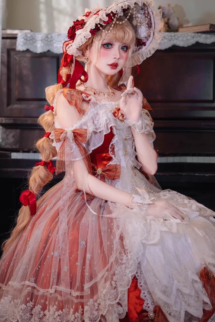 Design Concept:

This Sweet Lolita dress captures the elegance and romance of a bridal-inspired design in a striking red tone. The off-shoulder neckline is adorned with delicate frills, while lace and bow details add a feminine, princess-like charm. Its flowing silhouette brings together sweetness and elegance, making it an eye-catching piece for Lolita gatherings, tea parties, or themed occasions. The combination of bold red, ruffled accents, and bridal-inspired embellishments ensures a dreamy yet regal pr