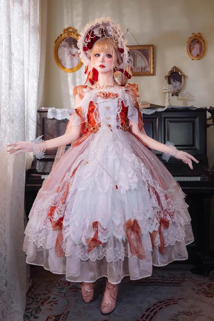 Design Concept:

This Sweet Lolita dress captures the elegance and romance of a bridal-inspired design in a striking red tone. The off-shoulder neckline is adorned with delicate frills, while lace and bow details add a feminine, princess-like charm. Its flowing silhouette brings together sweetness and elegance, making it an eye-catching piece for Lolita gatherings, tea parties, or themed occasions. The combination of bold red, ruffled accents, and bridal-inspired embellishments ensures a dreamy yet regal pr