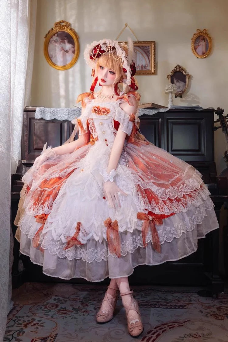 Design Concept:

This Sweet Lolita dress captures the elegance and romance of a bridal-inspired design in a striking red tone. The off-shoulder neckline is adorned with delicate frills, while lace and bow details add a feminine, princess-like charm. Its flowing silhouette brings together sweetness and elegance, making it an eye-catching piece for Lolita gatherings, tea parties, or themed occasions. The combination of bold red, ruffled accents, and bridal-inspired embellishments ensures a dreamy yet regal pr